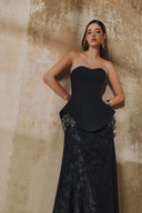 L' SCARLETT • Flared Strapless Crystal Floral Embellished Maxi Dress