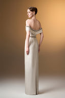 IHF ATELIER • Rose Brocade Off-Shoulder Column Gown With Pearl Embellishment