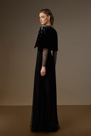 IHF ATELIER • Black Vine Guipure Lace & Lyon Velvet A-Line Gown