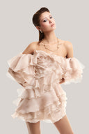 Beige Off-shoulder Mini Dress for women, from MUST HAVE, The Viet Concept 