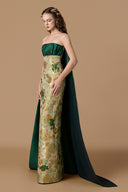 IHF ATELIER • Green Floral Metallic Jacquard Bustier Column Gown With Train