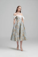 Bertha Gold Floral Brocade A-Line Midi Dress for women, from LINH PHUNG, The Viet Concept