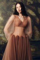 LINH PHUNG • Sylvara Mocha Brown Crystal-Embellished Tulle Midi Corset Dress