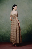 Solaire Caramel Brown Pleated Chiffon Midi Dress for women, from LINH PHUNG, The Viet Concept