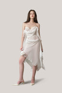 White Bianca Chiffon Draped Midi Dress for women, from La Vierge, The Viet Concept 
