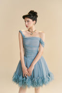 LINH PHUNG • Nuville Lapis Blue Off-Shoulder Feather Hem Organza Mini Dress