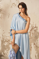 XITA • Celestia Sea Blue Asymmetric Off-Shoulder Silk Maxi Gown
