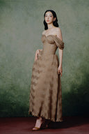 Solaire Caramel Brown Pleated Chiffon Midi Dress for women, from LINH PHUNG, The Viet Concept