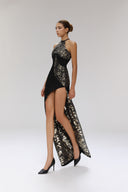 Transcendence Gilded Tweed Halter Neck Asymmetric Maxi Dress for women, from SORAMAME, The Viet Concept
