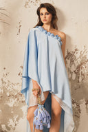 XITA • Celestia Sea Blue Asymmetric Off-Shoulder Silk Maxi Gown