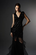 Haven Black Sequin Tulle Asymmetrical Mullet Hem Gown for women, from SORAMAME, The Viet Concept
