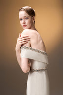IHF ATELIER • Rose Brocade Off-Shoulder Column Gown With Pearl Embellishment