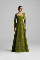 Trapeze Neck Guipure Lace A-Line Gown with Silk Belt for women, from IHF ATELIER, The Viet Concept 