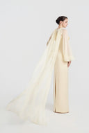 TRACY COUTURE • Halter Puff Sleeve Cutout Column Satin Gown