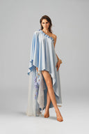 Celestia Sea Blue Asymmetric Off-Shoulder Silk Maxi Gown for women, from XITA, The Viet Concept 