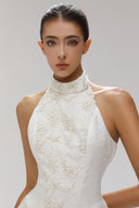 Apricity Embellished Brocade Halter Neck Evening Gown for women, from SORAMAME, The Viet Concept