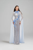 21SIX • Rosalind Sequin & Silk 3D Floral Halter Cape Gown
