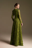 Trapeze Neck Guipure Lace A-Line Gown with Silk Belt for women, from IHF ATELIER, The Viet Concept 