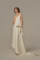 Duvet Ivory Silk-Lined Draped Evening Gown for women, from POEM, The Viet Concept