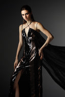 Hellebore Black Gold Sequin Mesh Halter Neck Gown for women, from SORAMAME, The Viet Concept