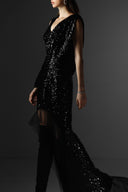 Haven Black Sequin Tulle Asymmetrical Mullet Hem Gown for women, from SORAMAME, The Viet Concept
