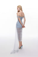LUCILLA • Enid Off-Shoulder Lace Corset Tulle Midi Dress
