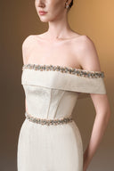 IHF ATELIER • Rose Brocade Off-Shoulder Column Gown With Pearl Embellishment