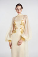TRACY COUTURE • Halter Puff Sleeve Cutout Column Satin Gown