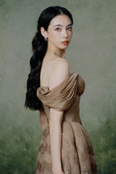 Solaire Caramel Brown Pleated Chiffon Midi Dress for women, from LINH PHUNG, The Viet Concept