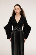 21SIX • Nyra Embellished Crepe V-Neck Draped Sleeve Gown