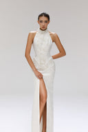 Apricity Embellished Brocade Halter Neck Evening Gown for women, from SORAMAME, The Viet Concept