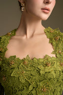 Trapeze Neck Guipure Lace A-Line Gown with Silk Belt for women, from IHF ATELIER, The Viet Concept 