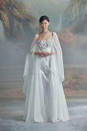 LINH PHUNG • Le Blanc Floral Embellished Chiffon Cape Evening Gown