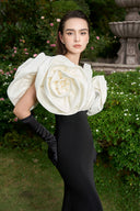  Black & White Mermaid Evening Gown With Draped Rose Shoulders for women, from IIHF ATELIER, The Viet Concept
