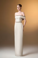 IHF ATELIER • Rose Brocade Off-Shoulder Column Gown With Pearl Embellishment