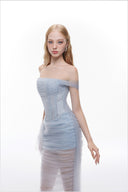 LUCILLA • Enid Off-Shoulder Lace Corset Tulle Midi Dress