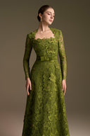 Trapeze Neck Guipure Lace A-Line Gown with Silk Belt for women, from IHF ATELIER, The Viet Concept 