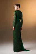 IHF ATELIER • Dark Red Guipure Lace Trapeze Neck Column Evening Gown