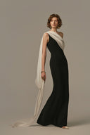 Nocturne Black Crepe Gown With Chiffon Contrast for women, from POEM, The Viet Concept