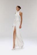 Apricity Embellished Brocade Halter Neck Evening Gown for women, from SORAMAME, The Viet Concept