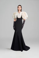 Black & White Mermaid Evening Gown With Draped Rose Shoulders for women, from IIHF ATELIER, The Viet Concept