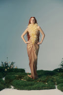 Chryseis Gold Shine Silk Feather Couture Dress for women, from LA VIERGE, The Viet Concept