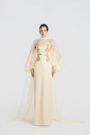 TRACY COUTURE • Halter Puff Sleeve Cutout Column Satin Gown