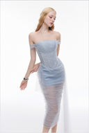 LUCILLA • Enid Off-Shoulder Lace Corset Tulle Midi Dress