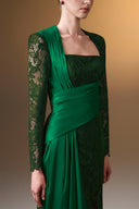 IHF ATELIER • Dark Red Guipure Lace Trapeze Neck Column Evening Gown
