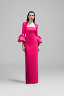 Fuchsia Column Evening Gown With Trapeze Neckline & Rose Sleeves for women, from IHF ATELIER, The Viet Concept 