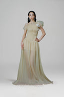 Goldenette Couture Asymmetric Pleated Chiffon A-Line Gown for women, from LINH PHUNG, The Viet Concept