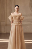 Venessa Off-Shoulder Mesh Gown in Cocoa Brown for women, from JOSEPHINE, The Viet Concept 