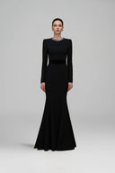 Black Round Neck Mermaid Crepe De Chine Evening Gown with Stones for women, from IHF ATELIER, The Viet Concept 