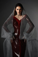 Incandescence Burgundy Velvet Sequin Veil Dress for women, from SORAMAME, The Viet Concept
